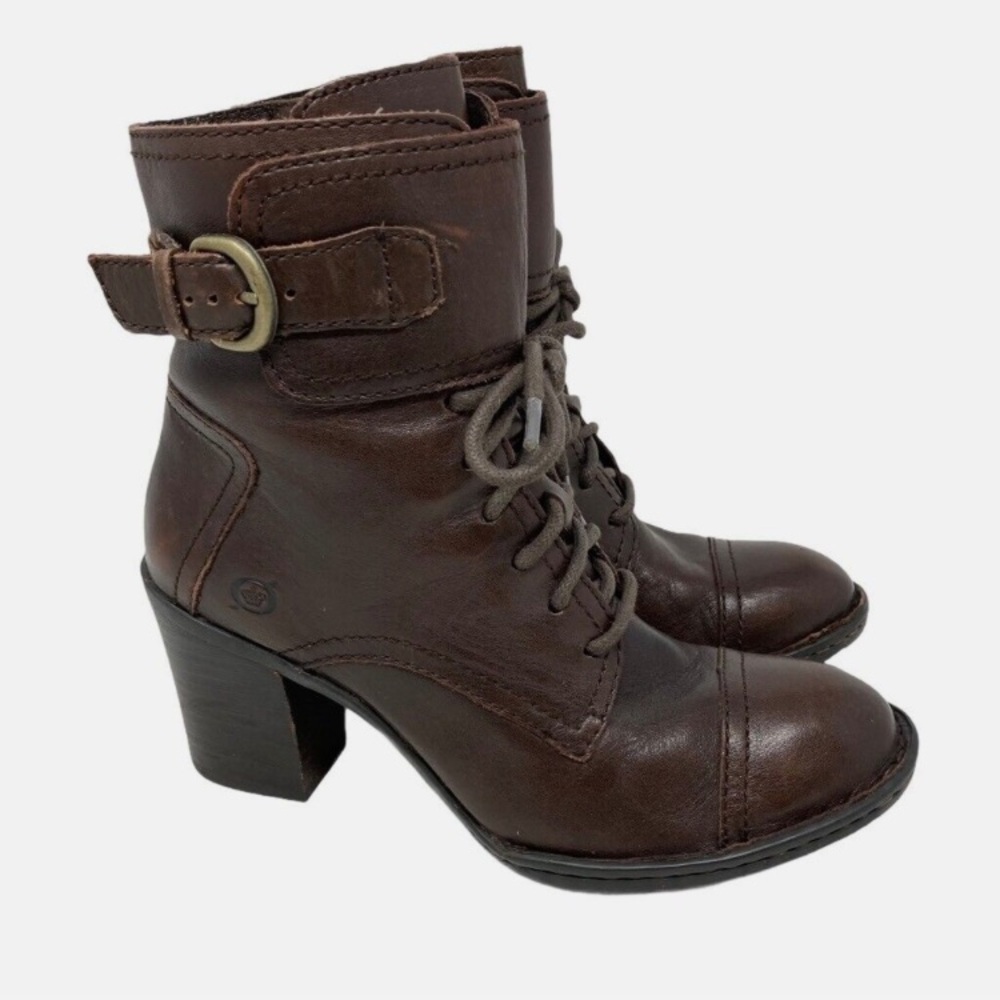 Born Boots Leather Combat Granny Goth Victorian Zip & Laces Brown Stacked H3” 38
